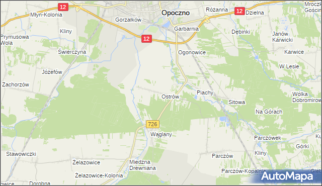 mapa Ostrów gmina Opoczno, Ostrów gmina Opoczno na mapie Targeo