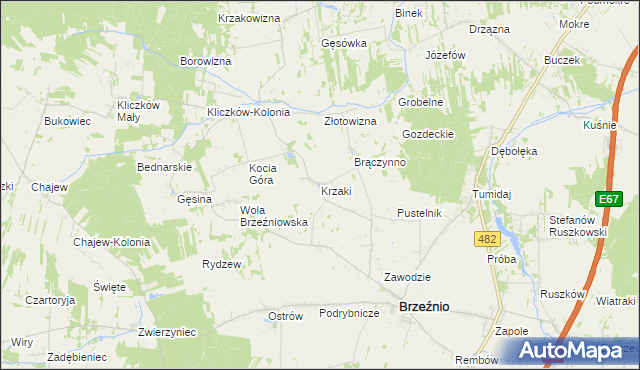 mapa Krzaki gmina Brzeźnio, Krzaki gmina Brzeźnio na mapie Targeo