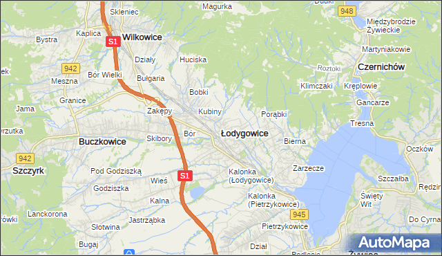 mapa Łodygowice powiat żywiecki, Łodygowice powiat żywiecki na mapie Targeo