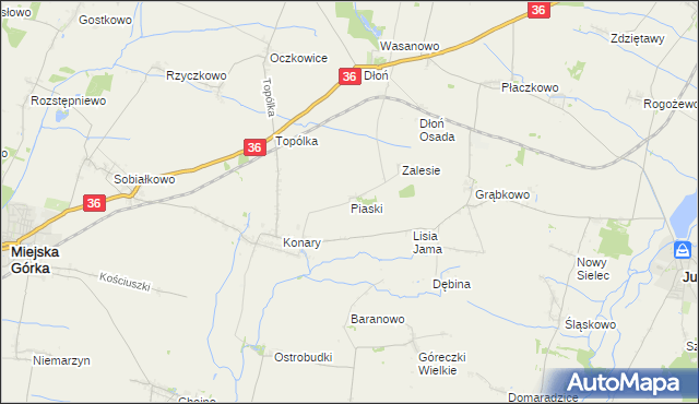 mapa Piaski gmina Miejska Górka, Piaski gmina Miejska Górka na mapie Targeo