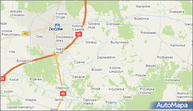 mapa Zapowiednik gmina Złoczew, Zapowiednik gmina Złoczew na mapie Targeo