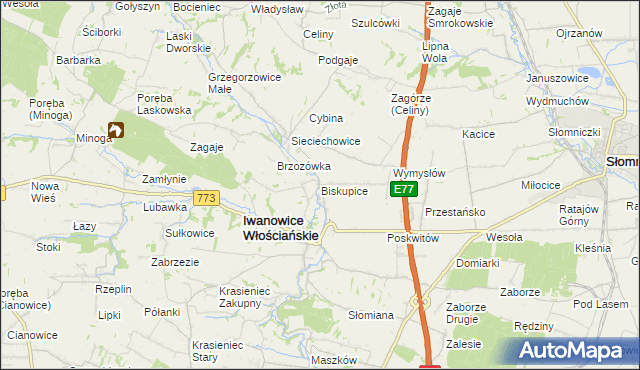 mapa Biskupice gmina Iwanowice, Biskupice gmina Iwanowice na mapie Targeo