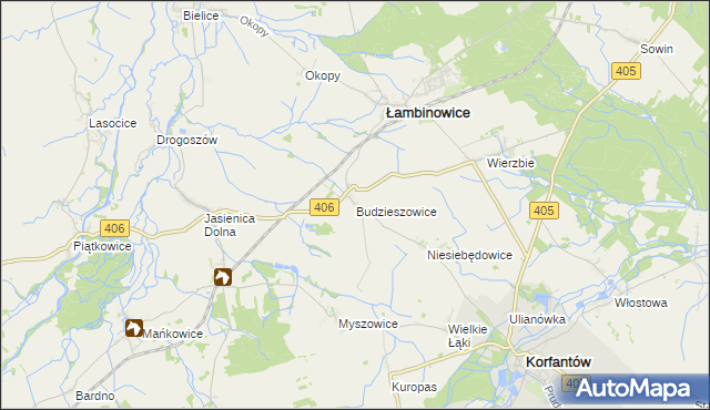 mapa Budzieszowice gmina Łambinowice, Budzieszowice gmina Łambinowice na mapie Targeo