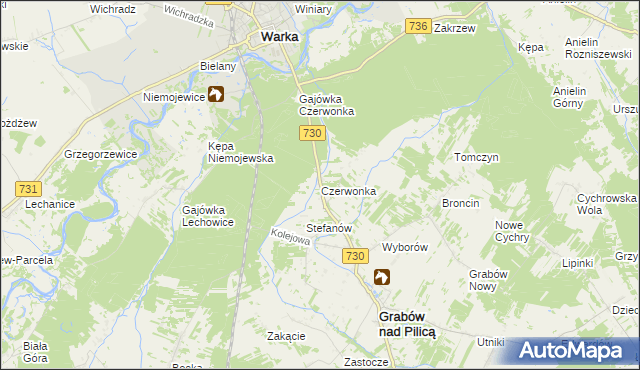 mapa Czerwonka gmina Grabów nad Pilicą, Czerwonka gmina Grabów nad Pilicą na mapie Targeo