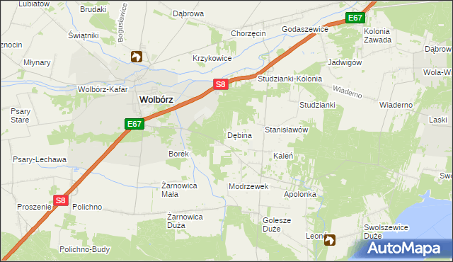 mapa Dębina gmina Wolbórz, Dębina gmina Wolbórz na mapie Targeo