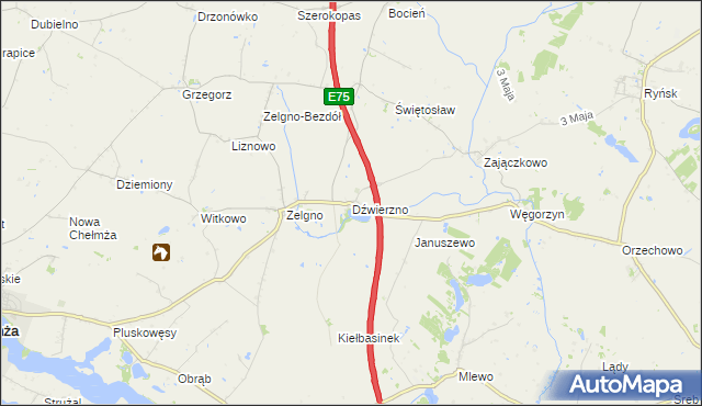mapa Dźwierzno gmina Chełmża, Dźwierzno gmina Chełmża na mapie Targeo