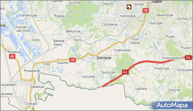 mapa Gorzyce powiat wodzisławski, Gorzyce powiat wodzisławski na mapie Targeo