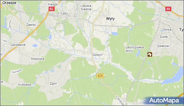 mapa Gostyń gmina Wyry, Gostyń gmina Wyry na mapie Targeo