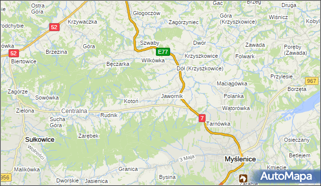 mapa Jawornik gmina Myślenice, Jawornik gmina Myślenice na mapie Targeo