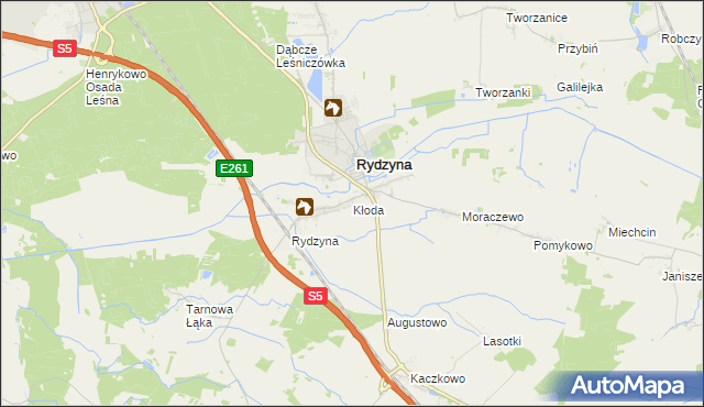 mapa Kłoda gmina Rydzyna, Kłoda gmina Rydzyna na mapie Targeo