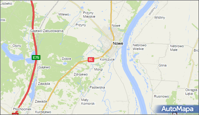 mapa Kończyce gmina Nowe, Kończyce gmina Nowe na mapie Targeo