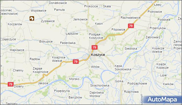 mapa Koszyce powiat proszowicki, Koszyce powiat proszowicki na mapie Targeo