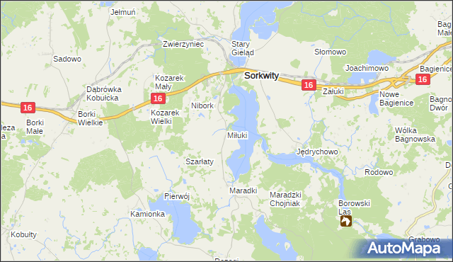 mapa Miłuki gmina Sorkwity, Miłuki gmina Sorkwity na mapie Targeo