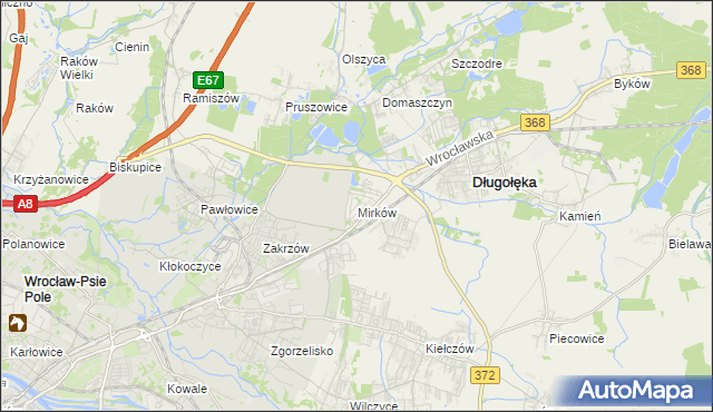 mapa Mirków gmina Długołęka, Mirków gmina Długołęka na mapie Targeo