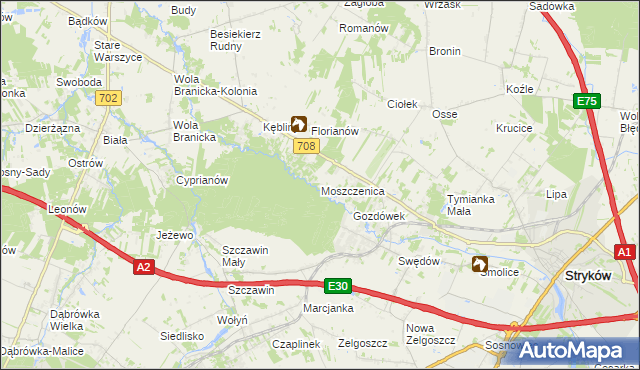 mapa Moszczenica gmina Zgierz, Moszczenica gmina Zgierz na mapie Targeo