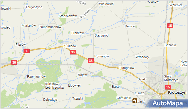 mapa Romanów gmina Krotoszyn, Romanów gmina Krotoszyn na mapie Targeo