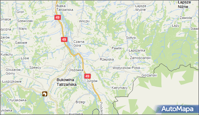 mapa Rzepiska gmina Bukowina Tatrzańska, Rzepiska gmina Bukowina Tatrzańska na mapie Targeo