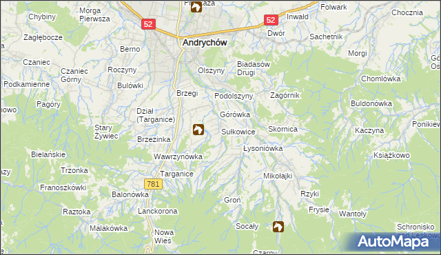 mapa Sułkowice gmina Andrychów, Sułkowice gmina Andrychów na mapie Targeo