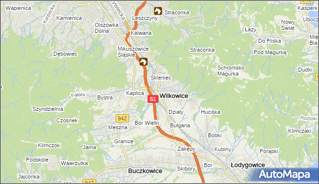 mapa Wilkowice powiat bielski, Wilkowice powiat bielski na mapie Targeo
