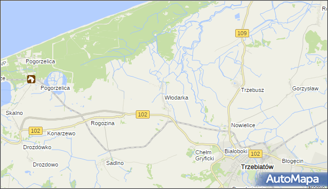 mapa Włodarka gmina Trzebiatów, Włodarka gmina Trzebiatów na mapie Targeo