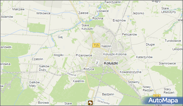 mapa Żakowice gmina Koluszki, Żakowice gmina Koluszki na mapie Targeo