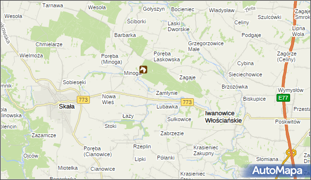 mapa Zamłynie gmina Skała, Zamłynie gmina Skała na mapie Targeo