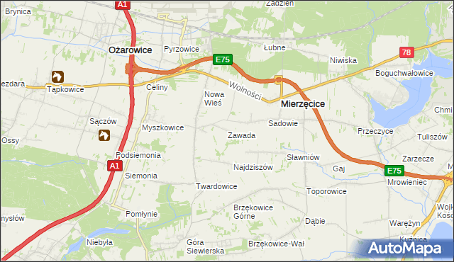 mapa Zawada gmina Mierzęcice, Zawada gmina Mierzęcice na mapie Targeo