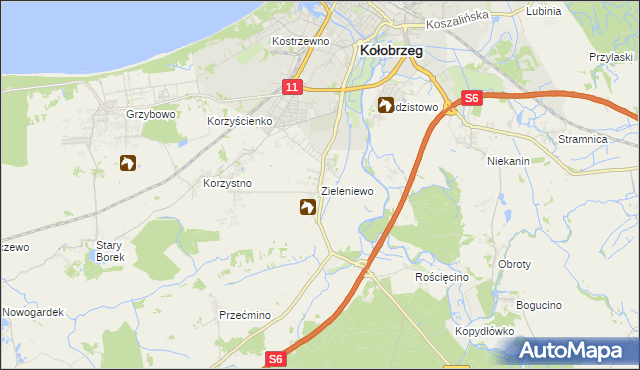 mapa Zieleniewo gmina Kołobrzeg, Zieleniewo gmina Kołobrzeg na mapie Targeo