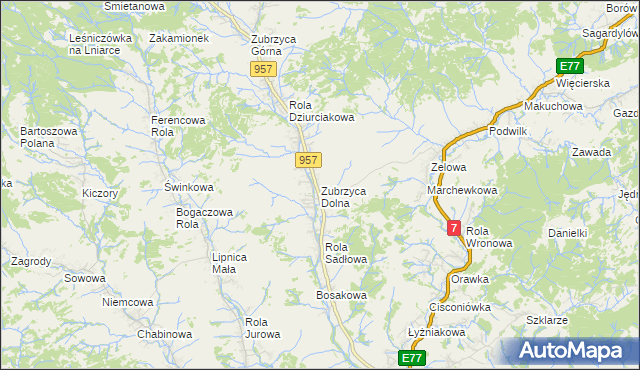 mapa Zubrzyca Dolna, Zubrzyca Dolna na mapie Targeo