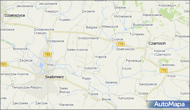 mapa Krępice gmina Skalbmierz, Krępice gmina Skalbmierz na mapie Targeo