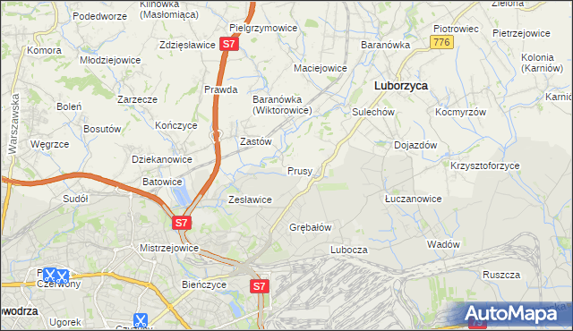 mapa Prusy gmina Kocmyrzów-Luborzyca, Prusy gmina Kocmyrzów-Luborzyca na mapie Targeo