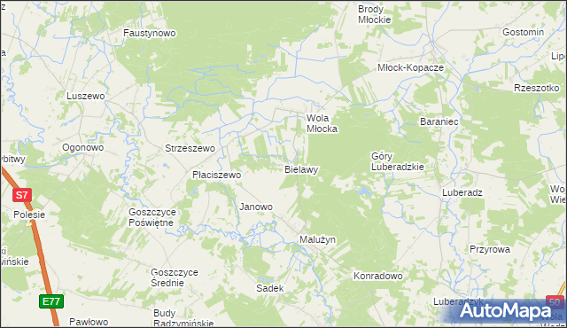 mapa Bielawy gmina Glinojeck, Bielawy gmina Glinojeck na mapie Targeo