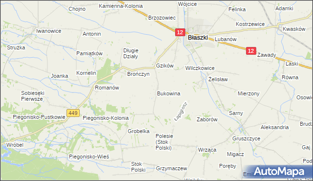 mapa Bukowina gmina Błaszki, Bukowina gmina Błaszki na mapie Targeo