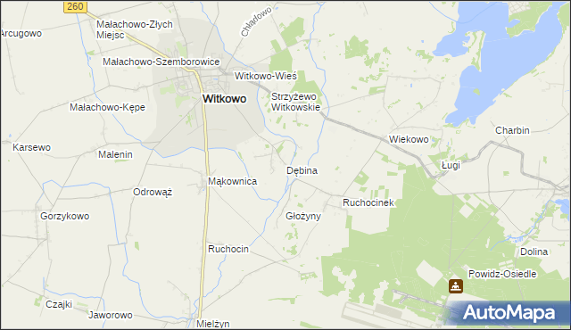 mapa Dębina gmina Witkowo, Dębina gmina Witkowo na mapie Targeo