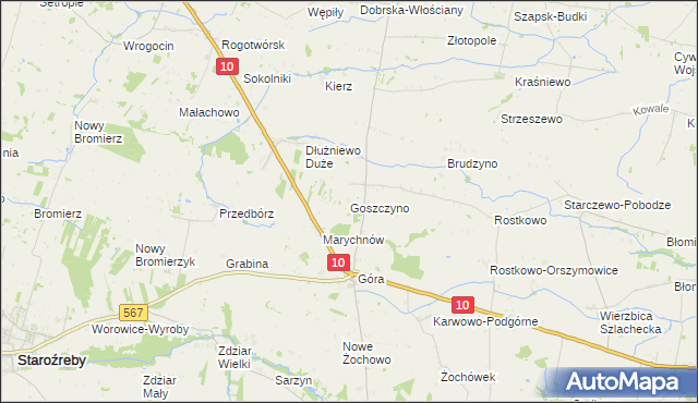 mapa Goszczyno gmina Staroźreby, Goszczyno gmina Staroźreby na mapie Targeo