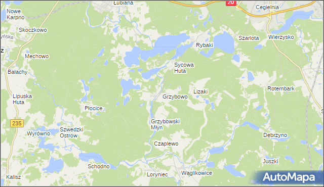 mapa Grzybowo gmina Kościerzyna, Grzybowo gmina Kościerzyna na mapie Targeo