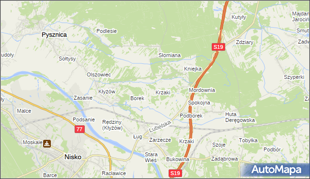 mapa Krzaki gmina Pysznica, Krzaki gmina Pysznica na mapie Targeo