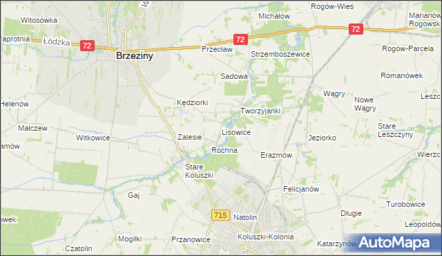 mapa Lisowice gmina Koluszki, Lisowice gmina Koluszki na mapie Targeo