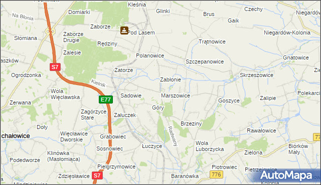 mapa Marszowice gmina Kocmyrzów-Luborzyca, Marszowice gmina Kocmyrzów-Luborzyca na mapie Targeo