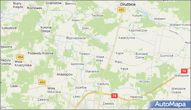 mapa Nowa Wieś gmina Drużbice, Nowa Wieś gmina Drużbice na mapie Targeo
