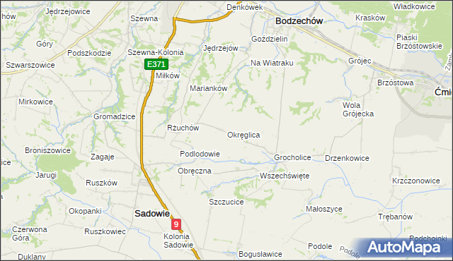 mapa Okręglica gmina Sadowie, Okręglica gmina Sadowie na mapie Targeo