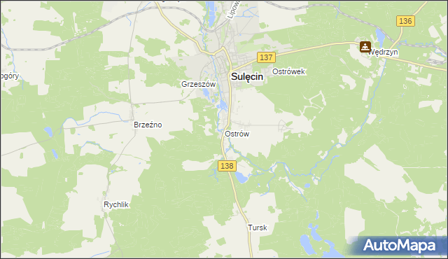 mapa Ostrów gmina Sulęcin, Ostrów gmina Sulęcin na mapie Targeo