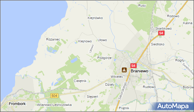 mapa Podgórze gmina Braniewo, Podgórze gmina Braniewo na mapie Targeo