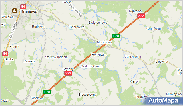 mapa Rydzówka gmina Braniewo, Rydzówka gmina Braniewo na mapie Targeo