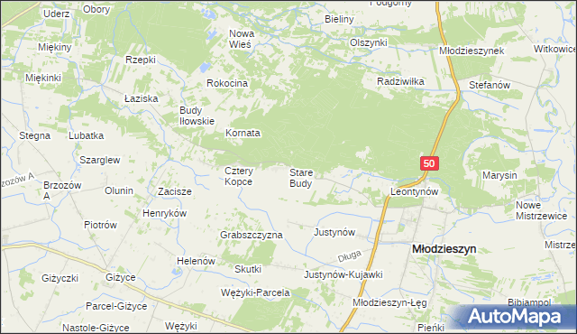 mapa Stare Budy gmina Młodzieszyn, Stare Budy gmina Młodzieszyn na mapie Targeo