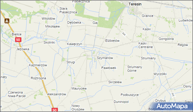 mapa Szymanów gmina Teresin, Szymanów gmina Teresin na mapie Targeo