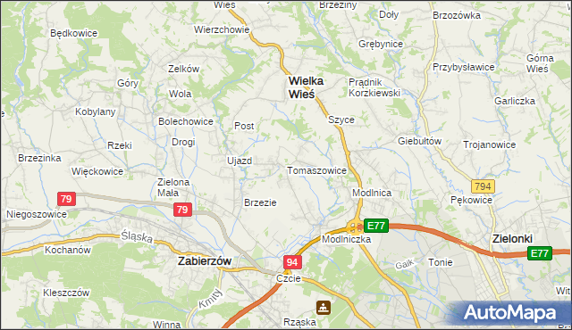 mapa Tomaszowice gmina Wielka Wieś, Tomaszowice gmina Wielka Wieś na mapie Targeo