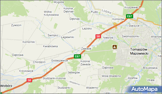 mapa Zawada gmina Tomaszów Mazowiecki, Zawada gmina Tomaszów Mazowiecki na mapie Targeo