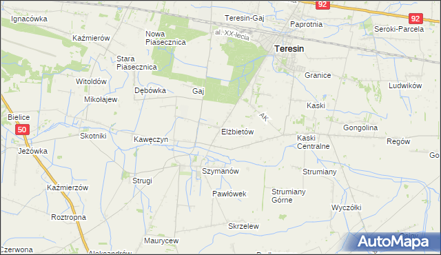 mapa Elżbietów gmina Teresin, Elżbietów gmina Teresin na mapie Targeo