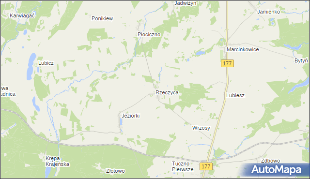 mapa Rzeczyca gmina Tuczno, Rzeczyca gmina Tuczno na mapie Targeo